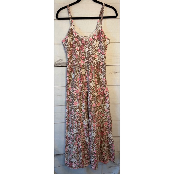 Rachel Zoe Dresses & Skirts - Rachel Zoe Floral Maxi Dress Brown Pink Tiered Lace Trim Boho Sun Dress Womens 2